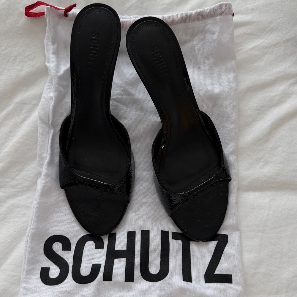 SCHUTZ Black Patent Slide Mules